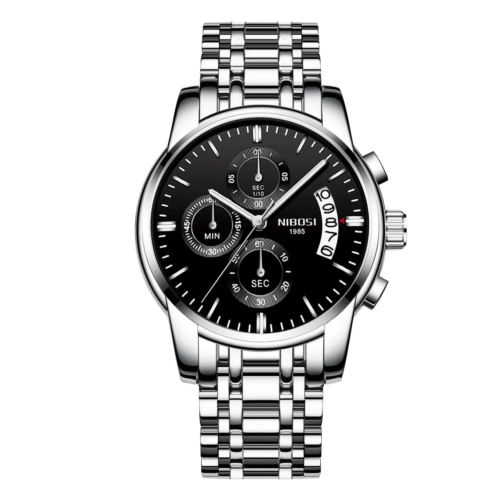 NIBOSI Men&#39;s Black Watches Dial Metal Band Luxury Famous Top Brand Men Fashion Casual Dress Military Quartz Silver Wristwatches