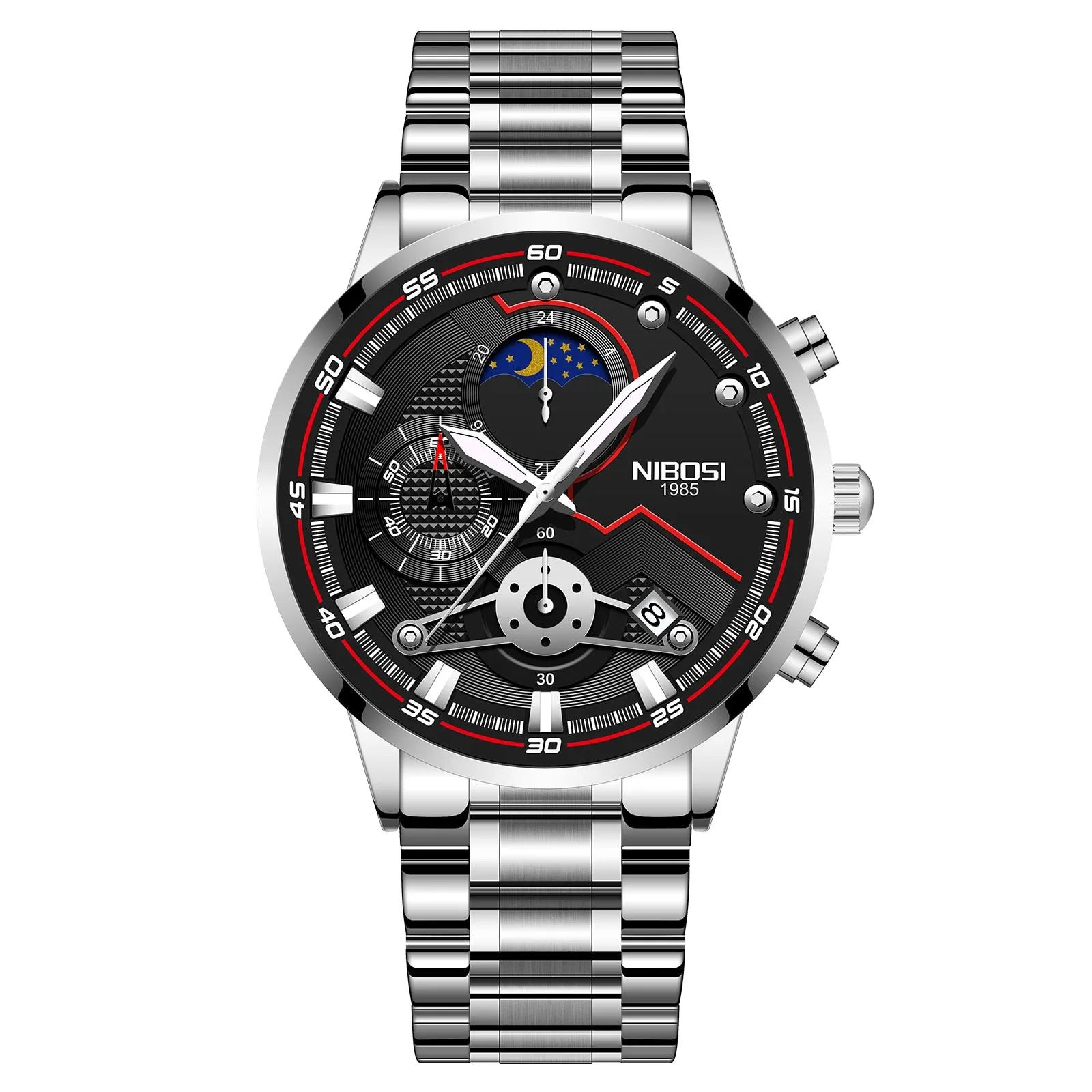 NIBOSI Men&#39;s Black Watches Dial Metal Band Luxury Famous Top Brand Men Fashion Casual Dress Military Quartz Silver Wristwatches