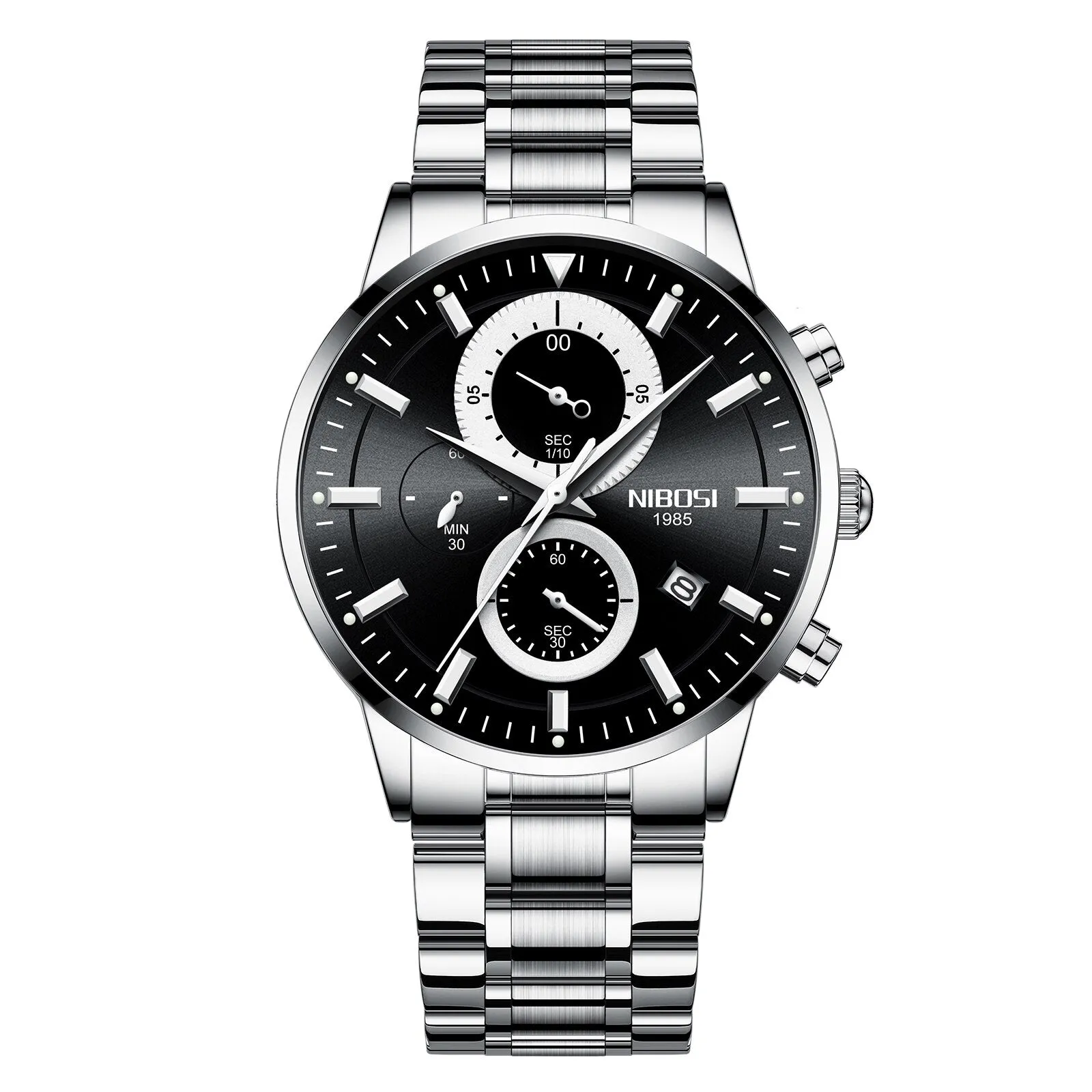 NIBOSI Men&#39;s Black Watches Dial Metal Band Luxury Famous Top Brand Men Fashion Casual Dress Military Quartz Silver Wristwatches