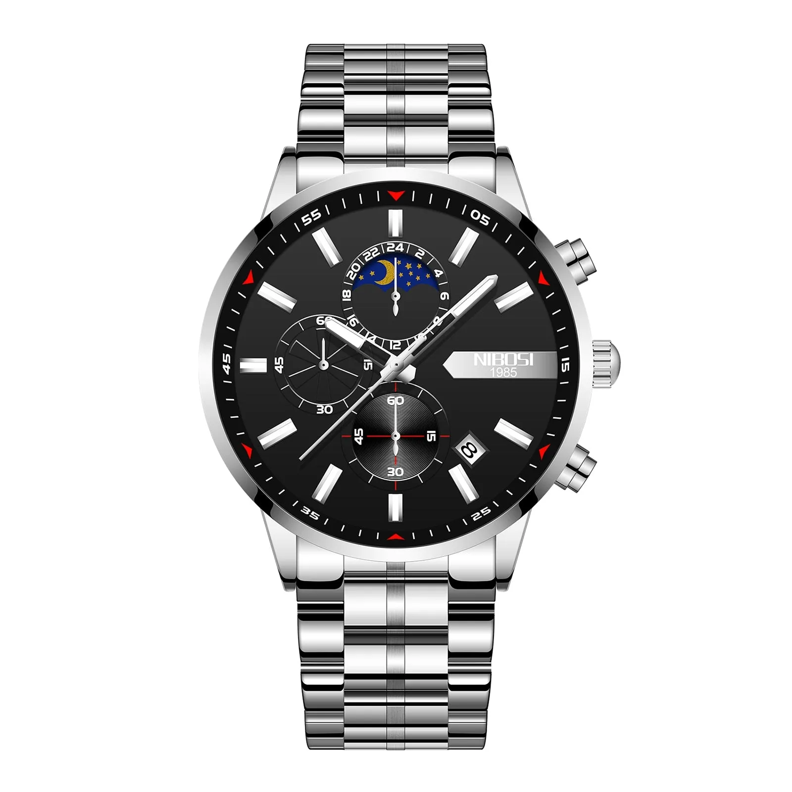 NIBOSI Men&#39;s Black Watches Dial Metal Band Luxury Famous Top Brand Men Fashion Casual Dress Military Quartz Silver Wristwatches