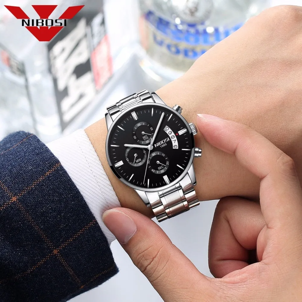 NIBOSI Men&#39;s Black Watches Dial Metal Band Luxury Famous Top Brand Men Fashion Casual Dress Military Quartz Silver Wristwatches