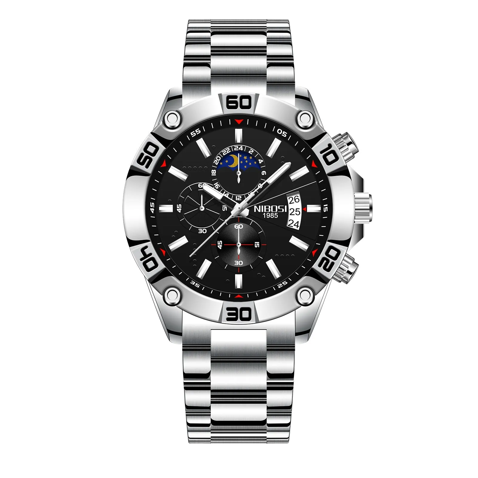 NIBOSI Men&#39;s Black Watches Dial Metal Band Luxury Famous Top Brand Men Fashion Casual Dress Military Quartz Silver Wristwatches