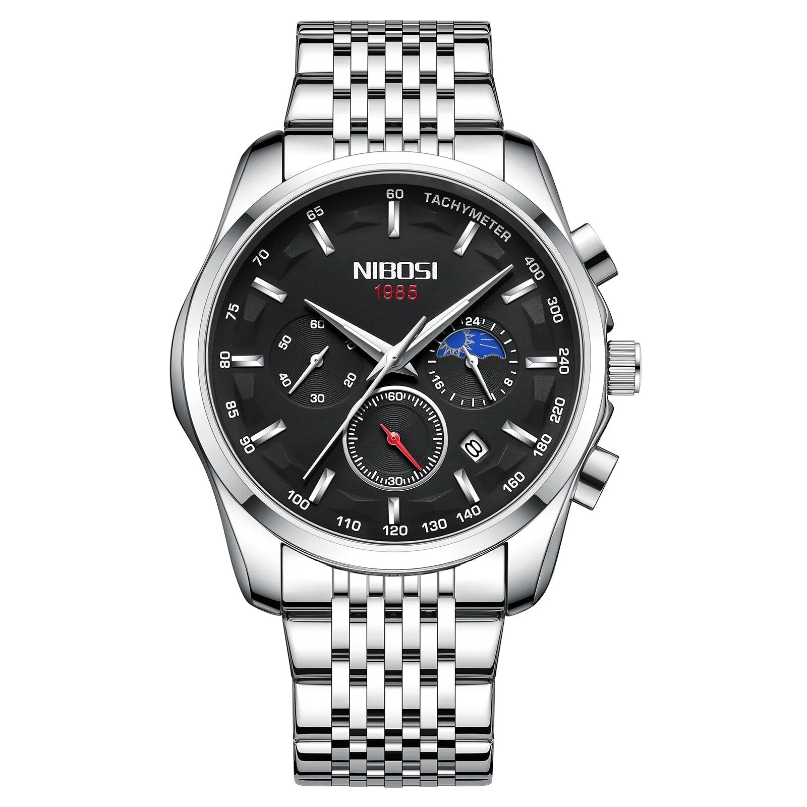 NIBOSI Men&#39;s Black Watches Dial Metal Band Luxury Famous Top Brand Men Fashion Casual Dress Military Quartz Silver Wristwatches