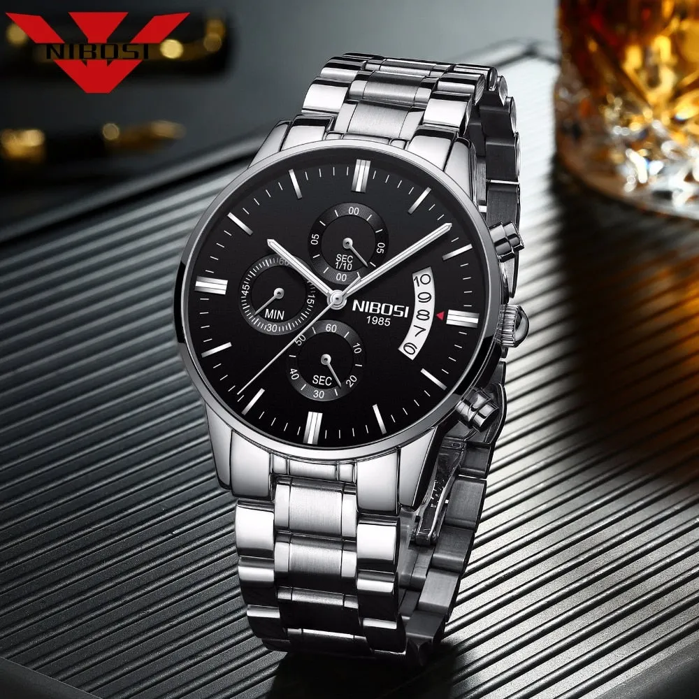 NIBOSI Men&#39;s Black Watches Dial Metal Band Luxury Famous Top Brand Men Fashion Casual Dress Military Quartz Silver Wristwatches