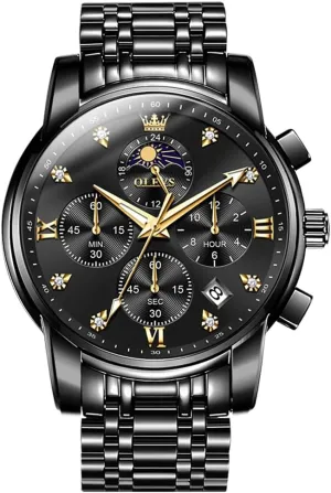 OLEVS Black Watches for Men,Men's Black Watch Stainless Steel,Men's Dress Watch Roman Numerals,Big Face Mens Watches Luxury,Mens Waterproof Wristwatch,Reloje para Hombre