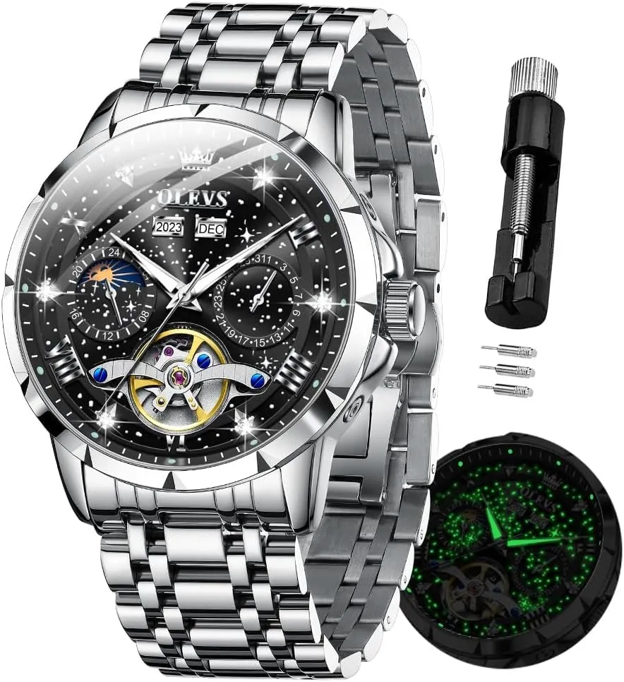 OLEVS Mens Automatic Watches Self-Winding Starry Sky Diamond Skeleton Luxury Wrist Watch Waterproof Luminous