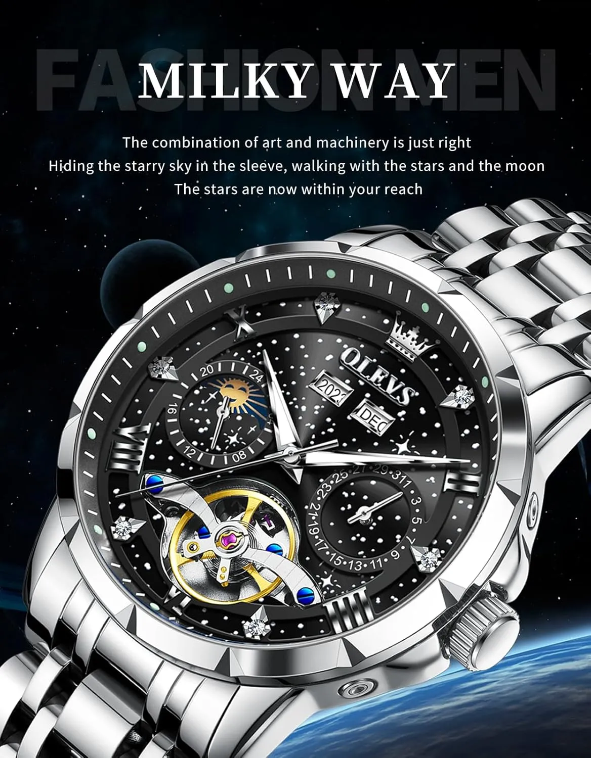 OLEVS Mens Automatic Watches Self-Winding Starry Sky Diamond Skeleton Luxury Wrist Watch Waterproof Luminous
