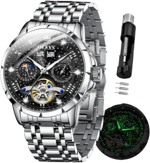 OLEVS Mens Automatic Watches Self-Winding Starry Sky Diamond Skeleton Luxury Wrist Watch Waterproof Luminous