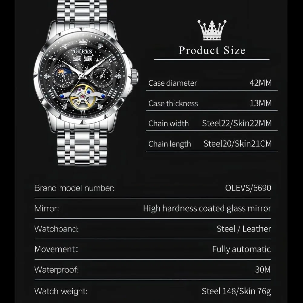 OLEVS Mens Automatic Watches Self-Winding Starry Sky Diamond Skeleton Luxury Wrist Watch Waterproof Luminous
