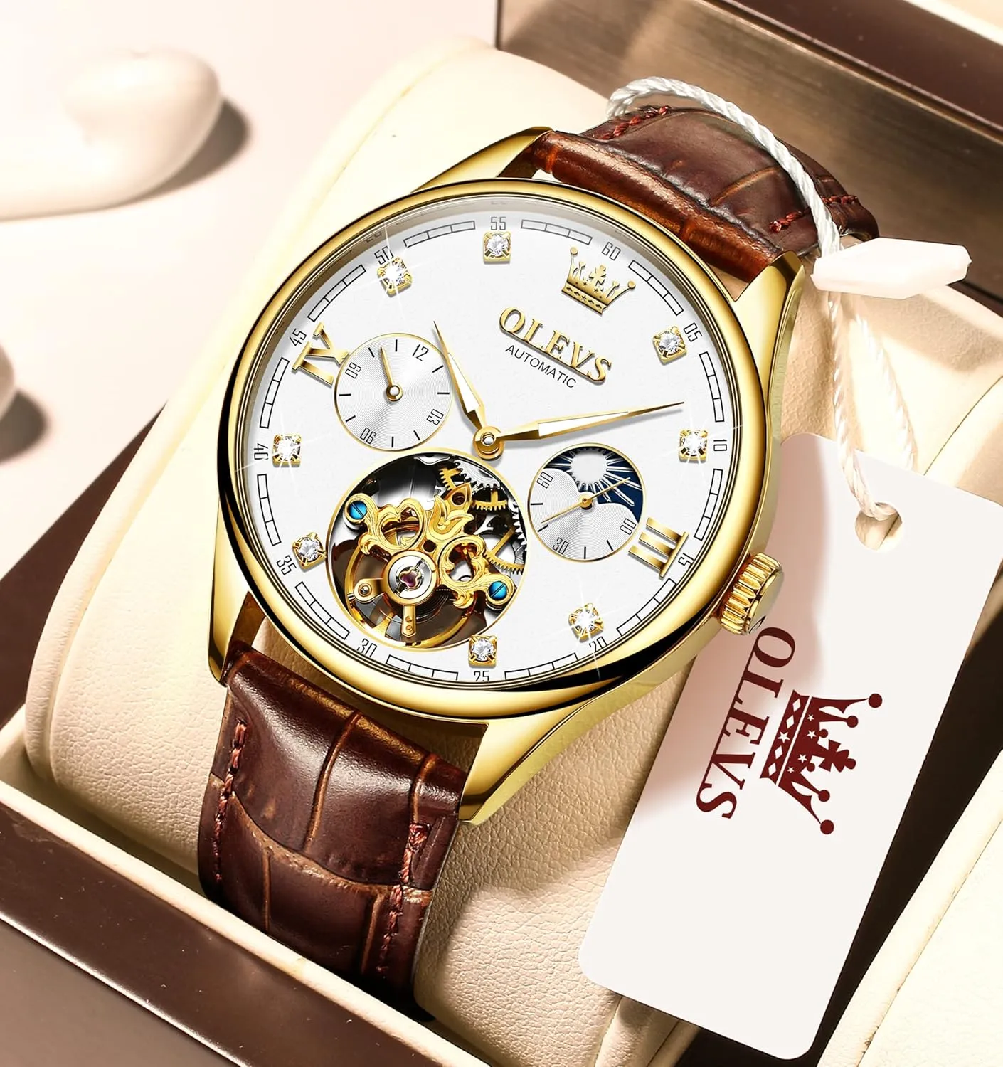 OLEVS Mens Leather Watches Automatic Mechanical Skeleton Tourbillon Diamond Luxury Self Winding Dress Wrist Watches Moon Phase Waterproof Luminous