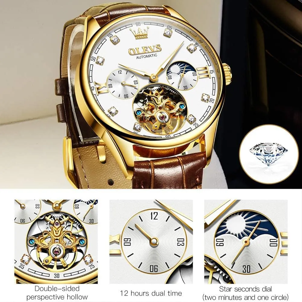 OLEVS Mens Leather Watches Automatic Mechanical Skeleton Tourbillon Diamond Luxury Self Winding Dress Wrist Watches Moon Phase Waterproof Luminous