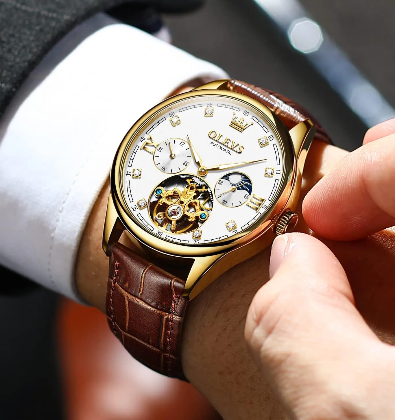 OLEVS Mens Leather Watches Automatic Mechanical Skeleton Tourbillon Diamond Luxury Self Winding Dress Wrist Watches Moon Phase Waterproof Luminous
