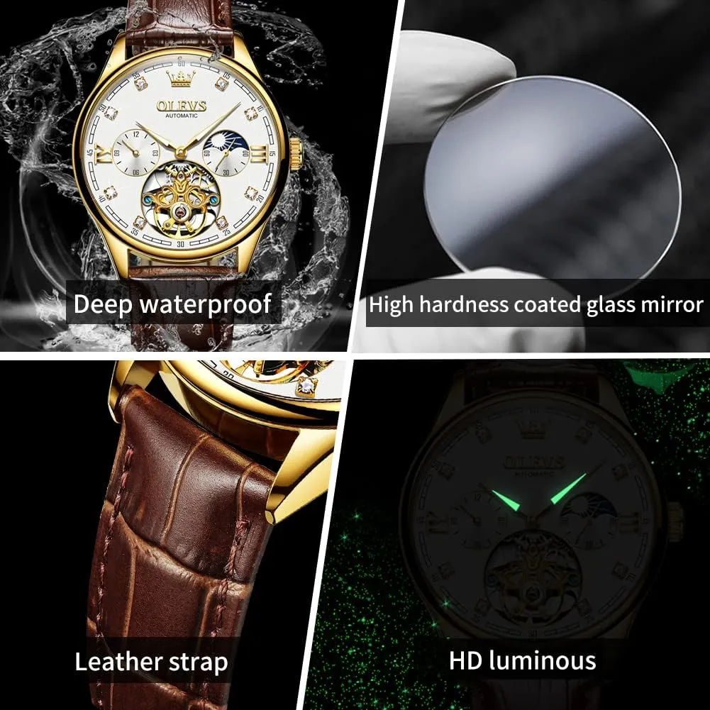 OLEVS Mens Leather Watches Automatic Mechanical Skeleton Tourbillon Diamond Luxury Self Winding Dress Wrist Watches Moon Phase Waterproof Luminous