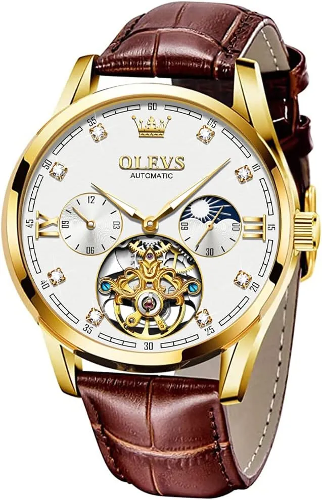 OLEVS Mens Leather Watches Automatic Mechanical Skeleton Tourbillon Diamond Luxury Self Winding Dress Wrist Watches Moon Phase Waterproof Luminous
