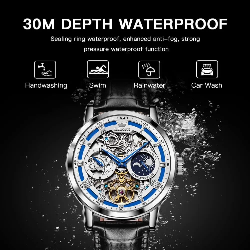 OLEVS Skeleton Watches for Mens Automatic Mechanical Self Winding Tourbillon Leather Strap Luxury Dress Moon Phase Wrist Watches Waterproof Luminous