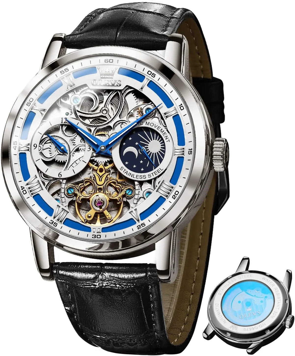 OLEVS Skeleton Watches for Mens Automatic Mechanical Self Winding Tourbillon Leather Strap Luxury Dress Moon Phase Wrist Watches Waterproof Luminous