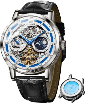 OLEVS Skeleton Watches for Mens Automatic Mechanical Self Winding Tourbillon Leather Strap Luxury Dress Moon Phase Wrist Watches Waterproof Luminous