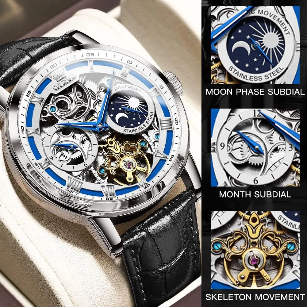 OLEVS Skeleton Watches for Mens Automatic Mechanical Self Winding Tourbillon Leather Strap Luxury Dress Moon Phase Wrist Watches Waterproof Luminous