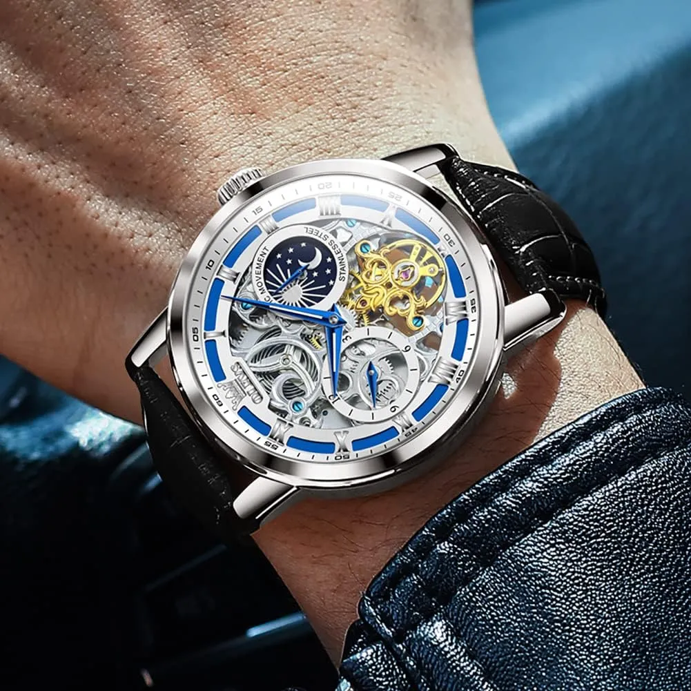 OLEVS Skeleton Watches for Mens Automatic Mechanical Self Winding Tourbillon Leather Strap Luxury Dress Moon Phase Wrist Watches Waterproof Luminous