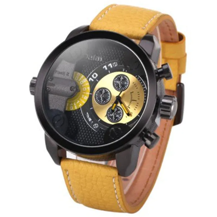 Oulm Men Watch with Double Movt Numbers and Strips Hours Marks Leather Band Quartz men sports Watch Military watches