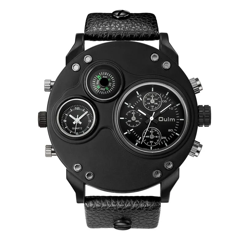 Oulm Unique Sport Watches Men Luxury Brand Two Time Zone Wristwatch Decorative Compass Male Quartz Watch relogio masculino