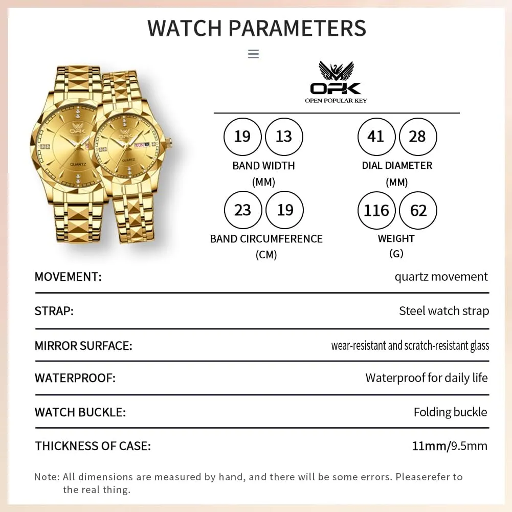 OUPINKE His and Her Couple Watches Fashion Dresse Diamond Romantic Set Pair Matching Gold Face Gold Stainless Steel Strap Luminous Waterproof Couple Wrist Watch