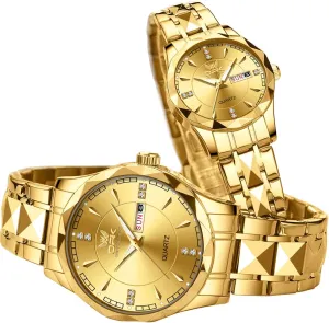 OUPINKE His and Her Couple Watches Fashion Dresse Diamond Romantic Set Pair Matching Gold Face Gold Stainless Steel Strap Luminous Waterproof Couple Wrist Watch