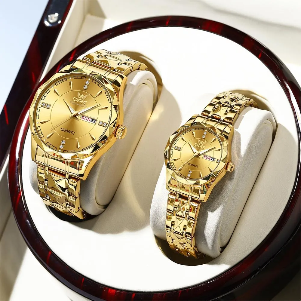 OUPINKE His and Her Couple Watches Fashion Dresse Diamond Romantic Set Pair Matching Gold Face Gold Stainless Steel Strap Luminous Waterproof Couple Wrist Watch