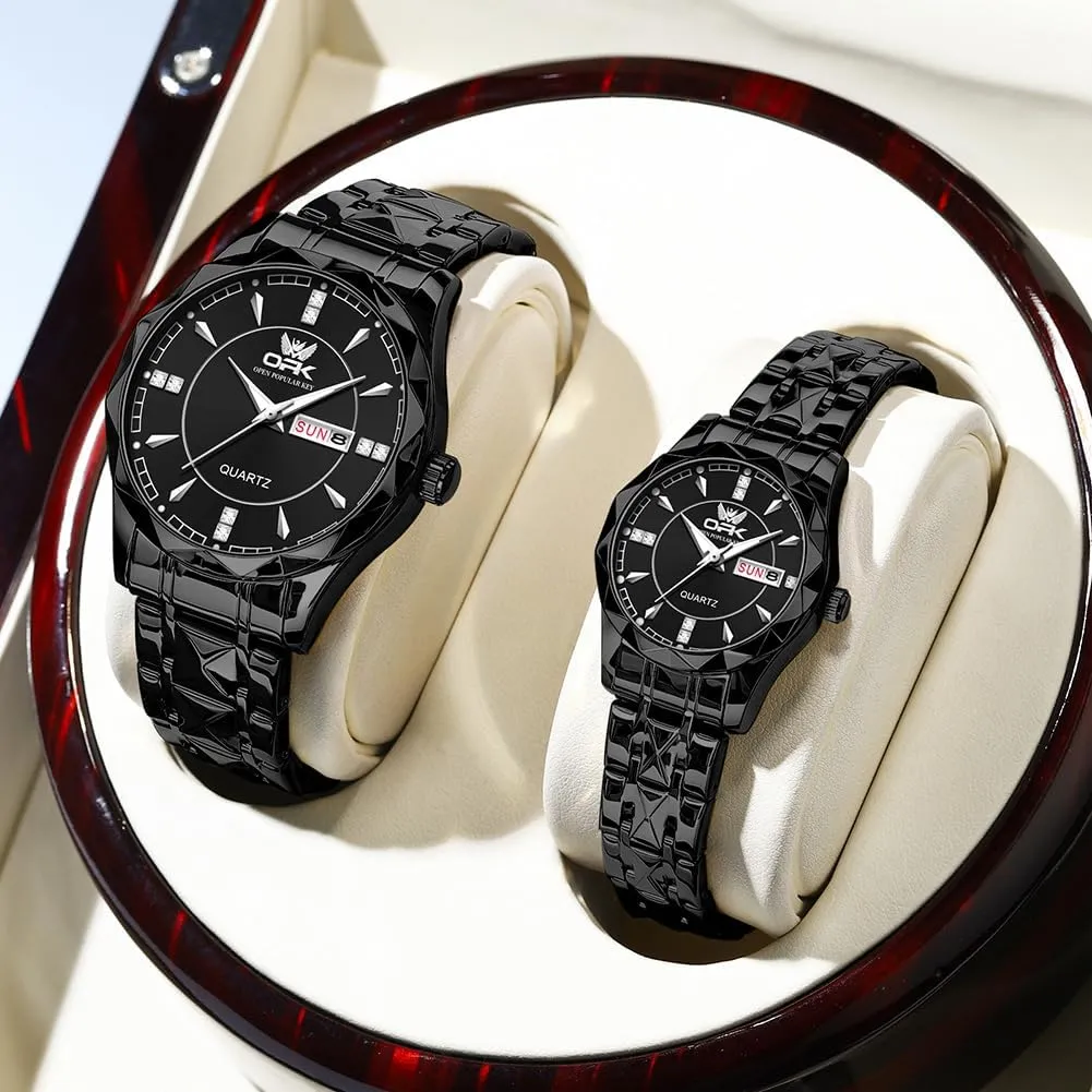 OUPINKE His and Her Couple Watches Fashion Dresse Diamond Romantic Set Pair Matching Gold Face Gold Stainless Steel Strap Luminous Waterproof Couple Wrist Watch