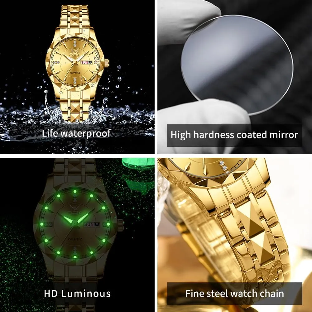 OUPINKE His and Her Couple Watches Fashion Dresse Diamond Romantic Set Pair Matching Gold Face Gold Stainless Steel Strap Luminous Waterproof Couple Wrist Watch
