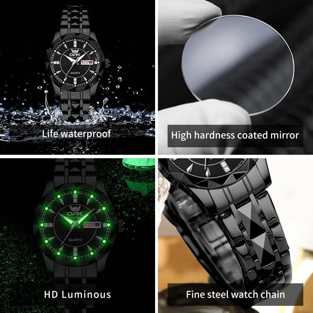 OUPINKE His and Her Couple Watches Fashion Dresse Diamond Romantic Set Pair Matching Gold Face Gold Stainless Steel Strap Luminous Waterproof Couple Wrist Watch