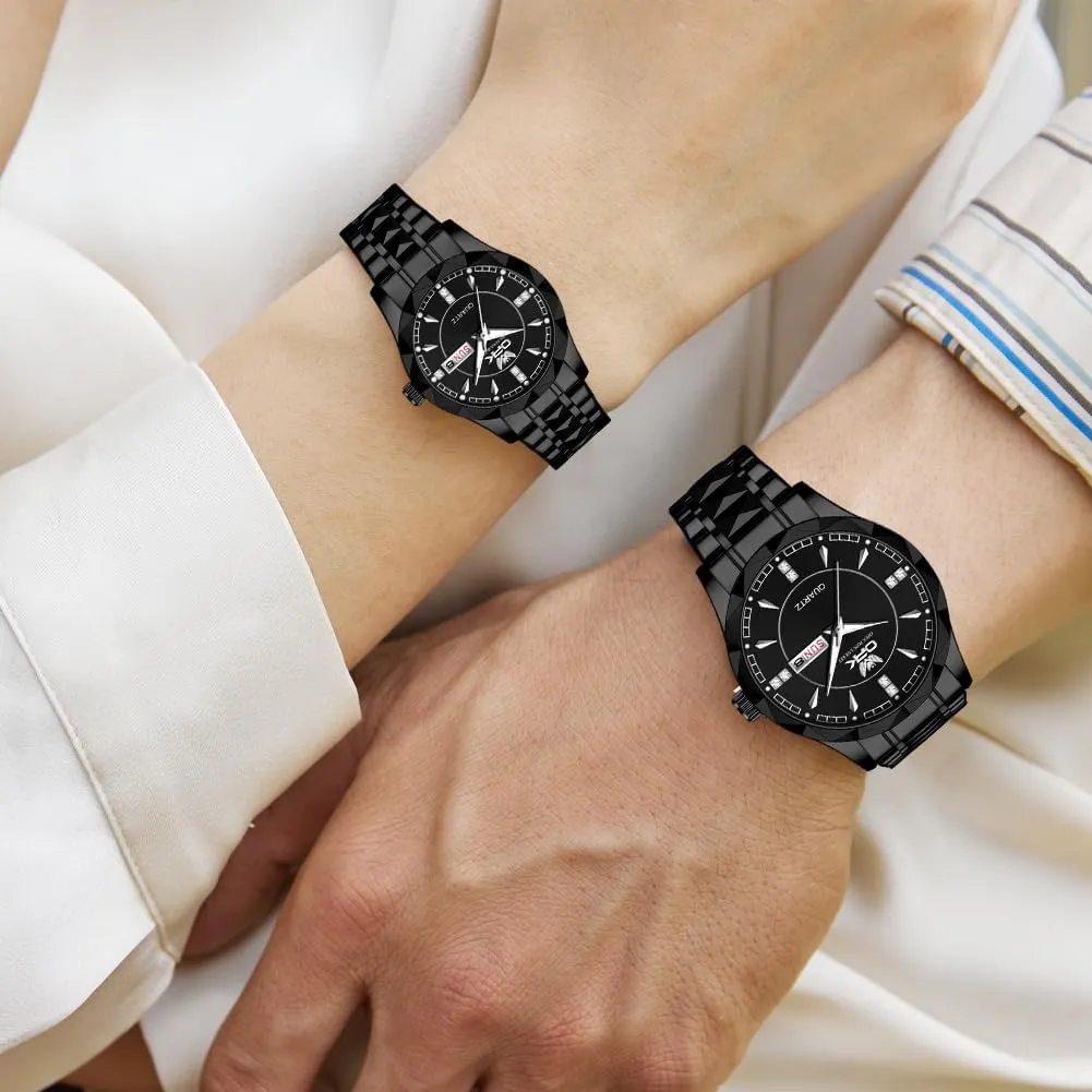 OUPINKE His and Her Couple Watches Fashion Dresse Diamond Romantic Set Pair Matching Gold Face Gold Stainless Steel Strap Luminous Waterproof Couple Wrist Watch