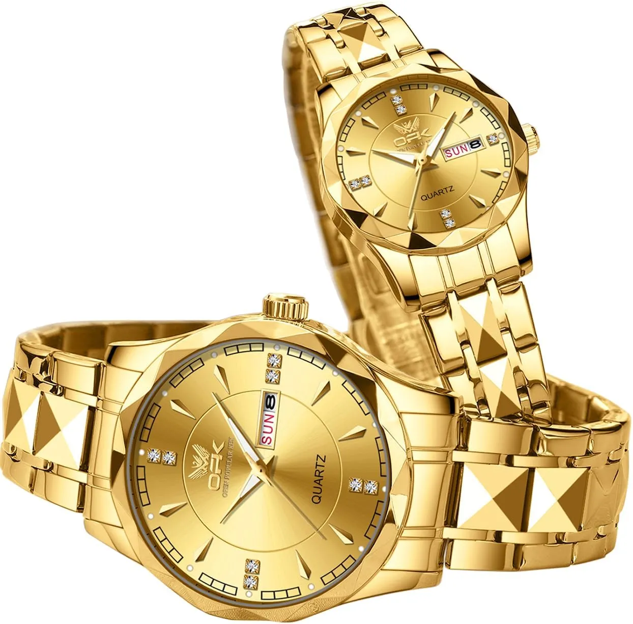 OUPINKE His and Her Couple Watches Fashion Dresse Diamond Romantic Set Pair Matching Gold Face Gold Stainless Steel Strap Luminous Waterproof Couple Wrist Watch