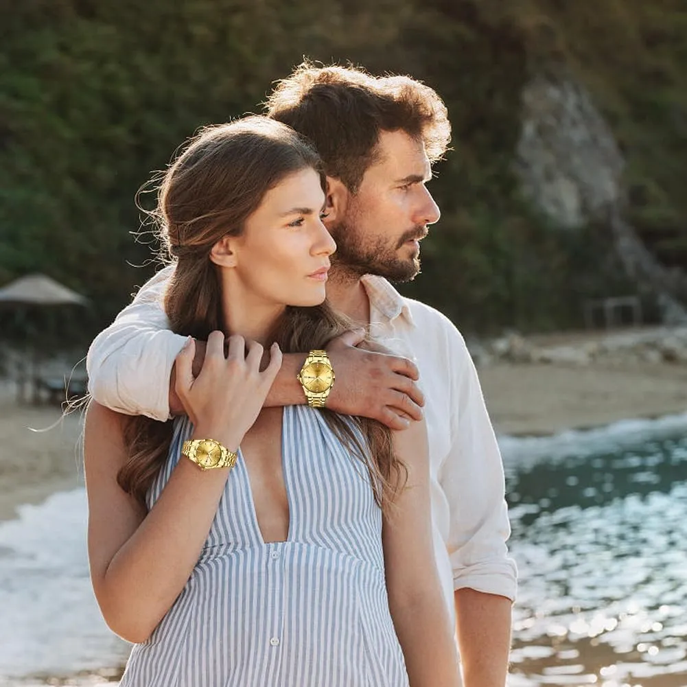 OUPINKE His and Her Couple Watches Fashion Dresse Diamond Romantic Set Pair Matching Gold Face Gold Stainless Steel Strap Luminous Waterproof Couple Wrist Watch