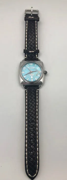Peyote Bird Large Turquoise Face Watch with Dark Brown Leather Overstitched Band
