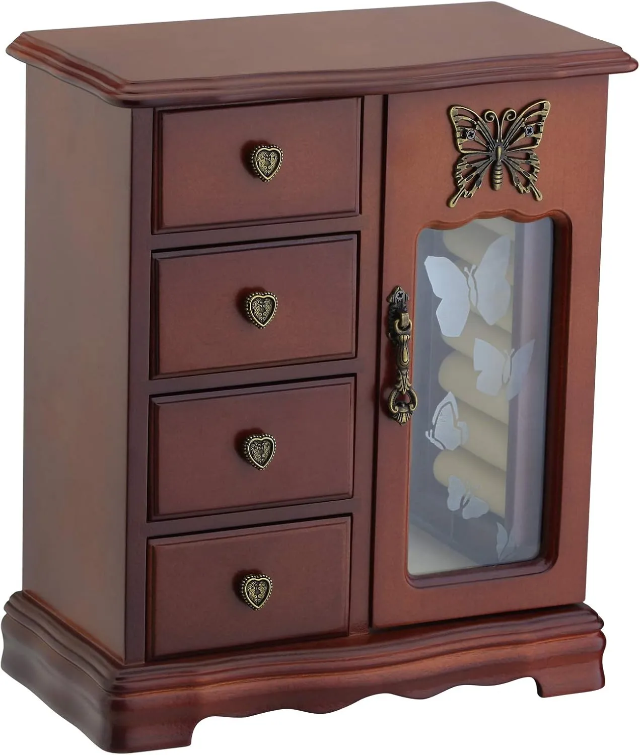 RR ROUND RICH DESIGN Solid Wooden Jewelry Box Makeup and Organizer Women Ring Storage with 4-Drawers Built-in Necklace Carousel and Mirror Brown