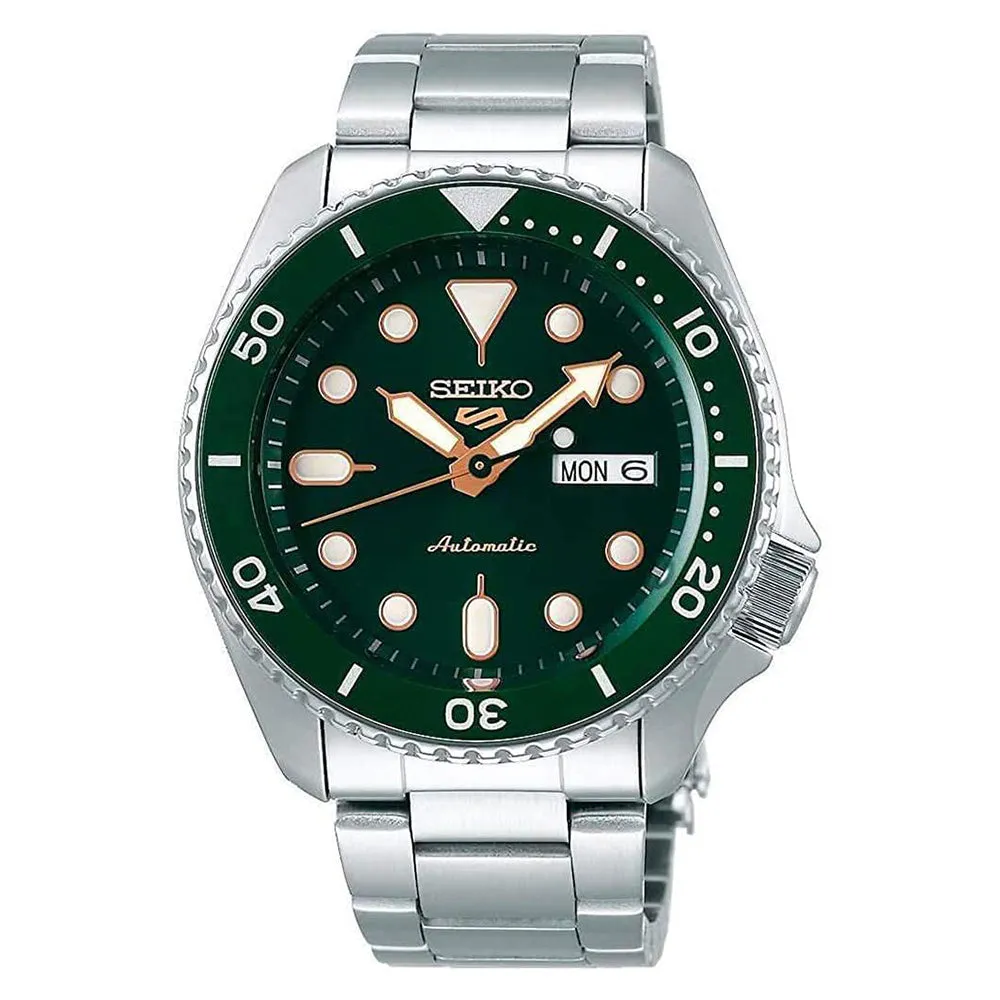 Seiko Mens Automatic 5 Sports Silver Stainless Steel Bracelet Green Dial Analog Watch - SRPD63