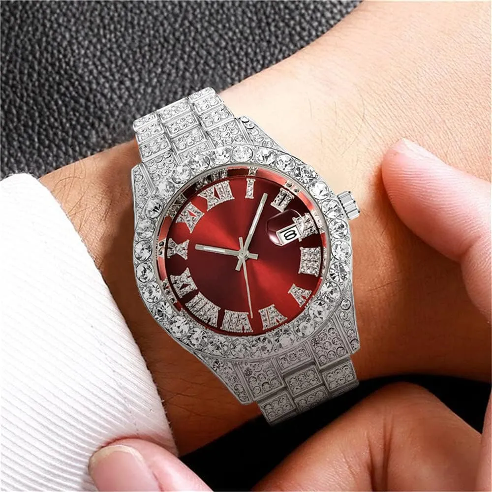 SENRUD Men's Diamond Watch Fashion Crystal Rhinestone Quartz Analog Watch Iced-Out Bracelet Wrist Watch