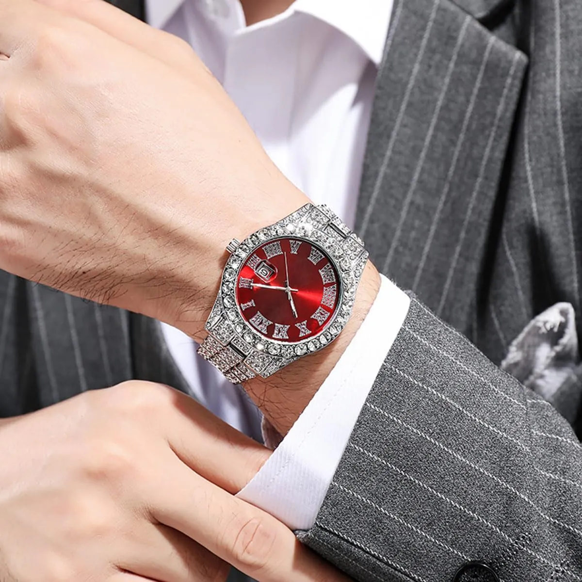 SENRUD Men's Diamond Watch Fashion Crystal Rhinestone Quartz Analog Watch Iced-Out Bracelet Wrist Watch