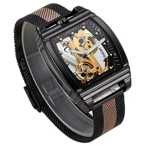 SHENHUA Transparent Automatic Mechanical Watches Fashion Male Steampunk Skeleton Luxury Dial Turbillon Self-Wind Mens Watches