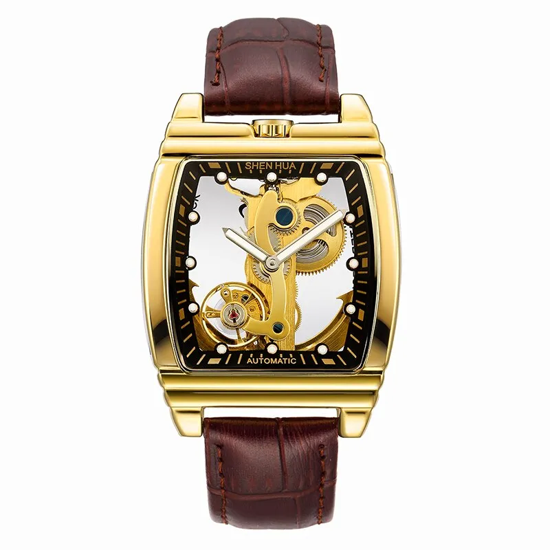 SHENHUA Transparent Automatic Mechanical Watches Fashion Male Steampunk Skeleton Luxury Dial Turbillon Self-Wind Mens Watches