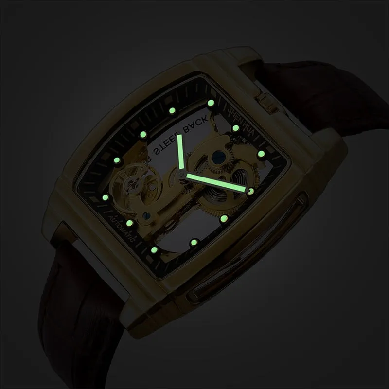 SHENHUA Transparent Automatic Mechanical Watches Fashion Male Steampunk Skeleton Luxury Dial Turbillon Self-Wind Mens Watches