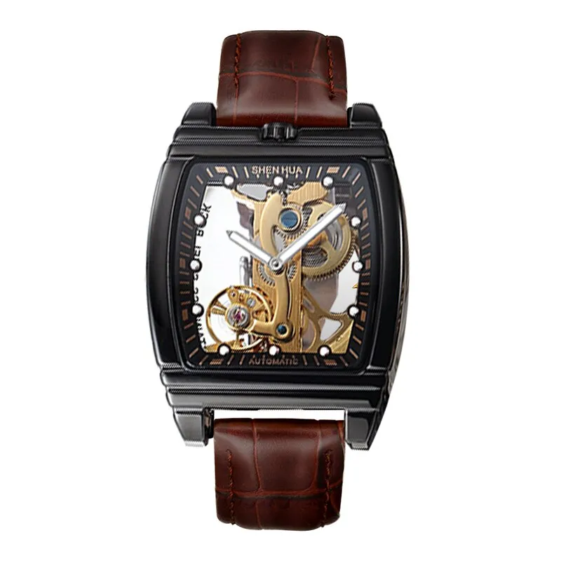 SHENHUA Transparent Automatic Mechanical Watches Fashion Male Steampunk Skeleton Luxury Dial Turbillon Self-Wind Mens Watches
