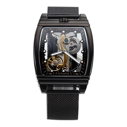 SHENHUA Transparent Automatic Mechanical Watches Fashion Male Steampunk Skeleton Luxury Dial Turbillon Self-Wind Mens Watches