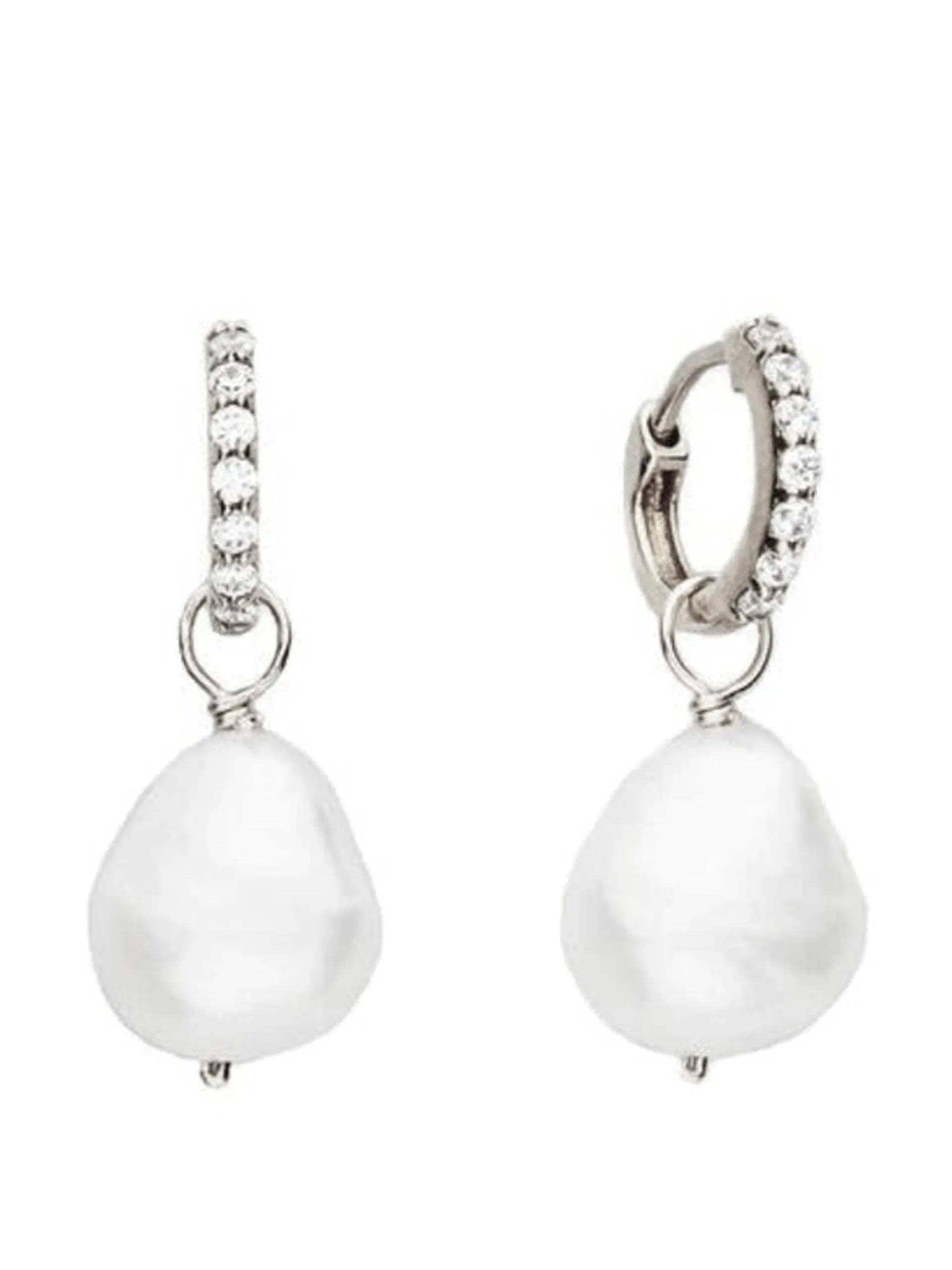 Silver Huggie pearl drop earrings