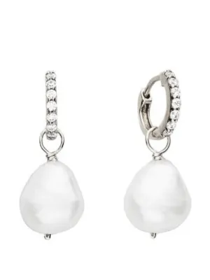 Silver Huggie pearl drop earrings