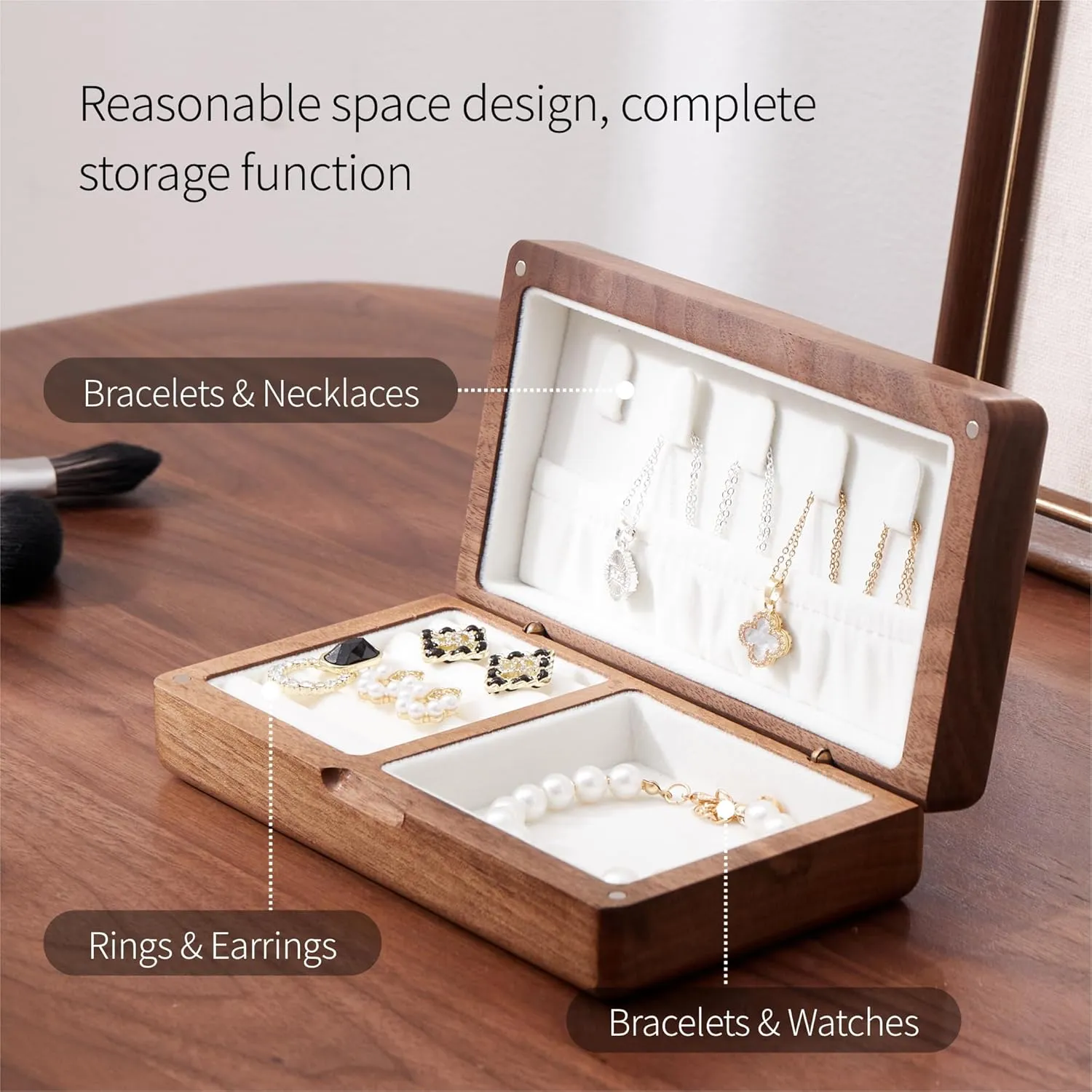 Small Wooden Jewelry Box Travel Size Mini Wood Jewelry Case Portable Ring Organizer Velvet Interior Magnetic Closure for Girls Women Men(Ebony White)