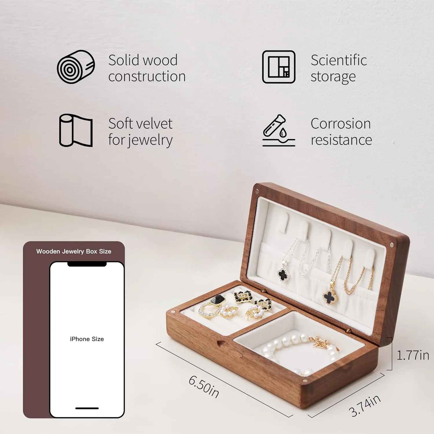 Small Wooden Jewelry Box Travel Size Mini Wood Jewelry Case Portable Ring Organizer Velvet Interior Magnetic Closure for Girls Women Men(Ebony White)