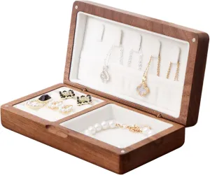 Small Wooden Jewelry Box Travel Size Mini Wood Jewelry Case Portable Ring Organizer Velvet Interior Magnetic Closure for Girls Women Men(Ebony White)