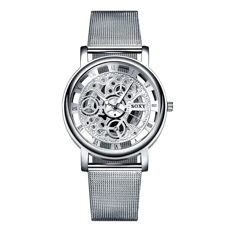 SOXY Watch 2019 Skeleton Wrist Watch Men Simple Style Mesh Belt Men Women Unisex Quartz Watches Hollow Watches relogio masculino